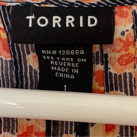 Torrid Women’s Size 1X orange blue white 3/4 sleeves sheer blouse polyester - Picture 5 of 9